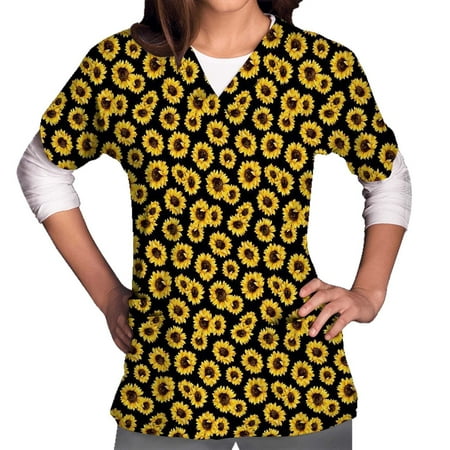 

TAIAOJING Women Scrubs Top Workwear Loose Fit Tops For Summer Short Sleeve Tops Casual Flower Print Workwear V Neck Pockets Workwear