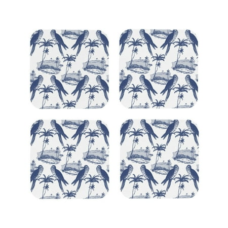 

Coasters Set of 4 - Sketch Parrot Palm Tree Drink Coasters for Tabletop Protection Leather Coasters for Living Room Decor and Housewarming Gift Square