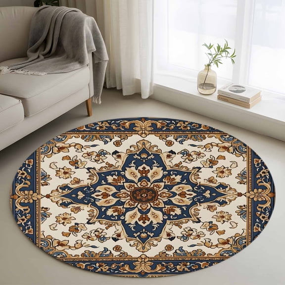 Boho Ethnic Round Area Rug 4 FT, Non Slip Indoor Outdoor Rug, Vintage Bohemian Traditional Floral Classic Washable Soft Circular Carpet Non-Shedding Floor Mat for Coffee Table Nursery Foyer Balcony