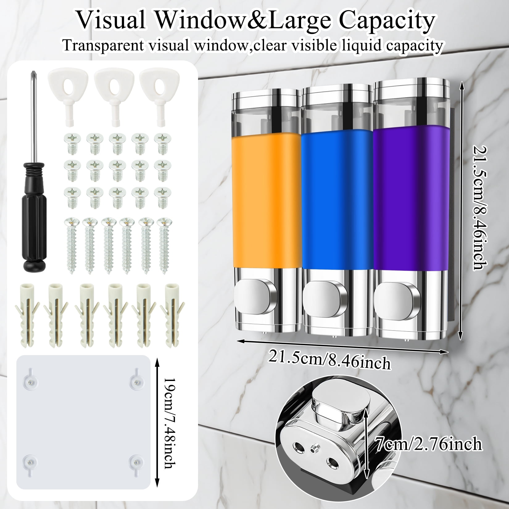 Shampoo Dispenser for Shower, Shower Shampoo Dispenser 3 Chamber, Shower Soap Dispenser Wall Mounted, Suitable for Bathroom, Kitchen, Hotel(Chrome)