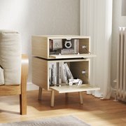 Bonzy Home Nightstand, Rotating Bedside Table with Woven Doors, Rattan Bedside Table with Storage for Bedroom, Living Room