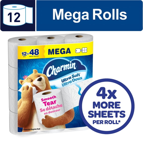 Charmin Toilet Paper Ultra Soft, 12 Mega Rolls (48 Regular Rolls Equivalent), 2-ply Bathroom Tissue