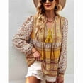 thumbnail image 2 of Blusa de manga larga con escote en V y estampado floral con cordón, corte holgado para primavera/otoño, color amarillo XL, 2 of 8