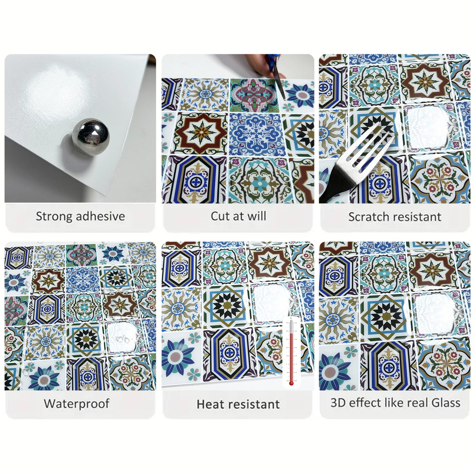 DEWOO 10PCS Mandala Tile Stickers, Peel and Stick Self Adhesive Removable Moroccan Tiles Backsplash Waterproof Oil Proof for Bathroom & Kitchen Wall Stickers Home Decor