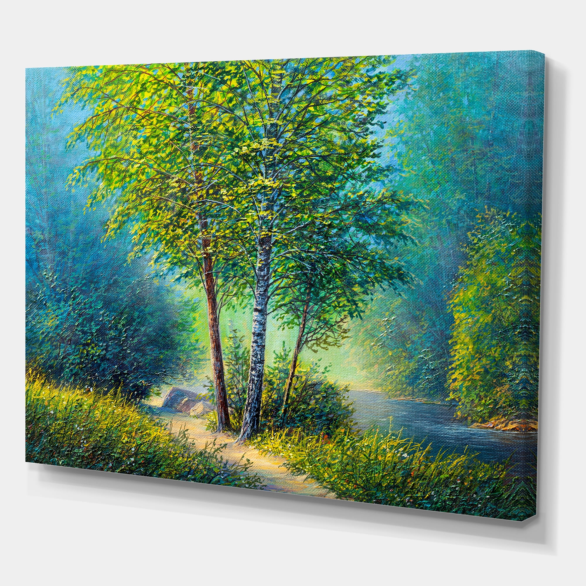 Designart ' Three Vibrant Green Trees By The River ' Lake House Canvas Wall Art Print