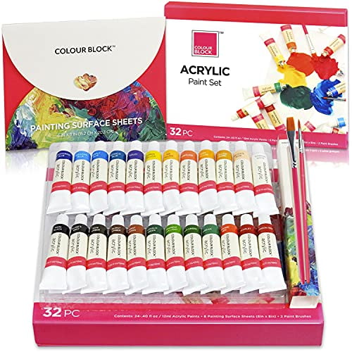 COLOUR BLOCK 32pc Acrylic Paints Tube Set with Paint Brushes and Fine Paper I Drawing Supplies for Canvas, Wood, Rock, Fabric I DIY Arts Crafting Tools for Kids, Teens, Adults and Beginners to Artists
