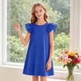 thumbnail image 2 of ASEIDFNSA Girls Ruffle Sleeve Dress with Layered Shoulders Solid Color and Swing Hem (Blue,6-7 Years), 2 of 5