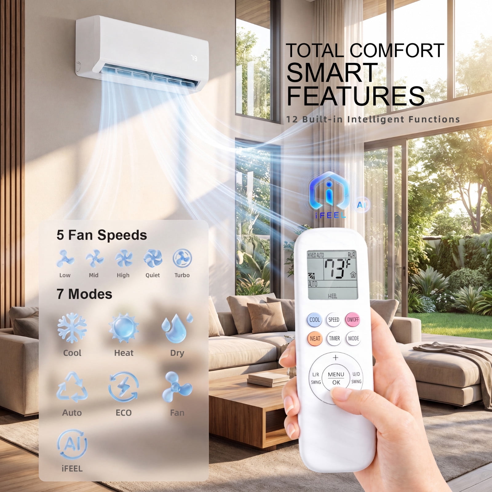 12000 BTU Mini Split Air Conditioner, WiFi Enabled 22 SEER2 208/230V Smart Inverter Ductless AC Heat Pump with Heating Function, Cool & Heat up to 750 Sq.Ft