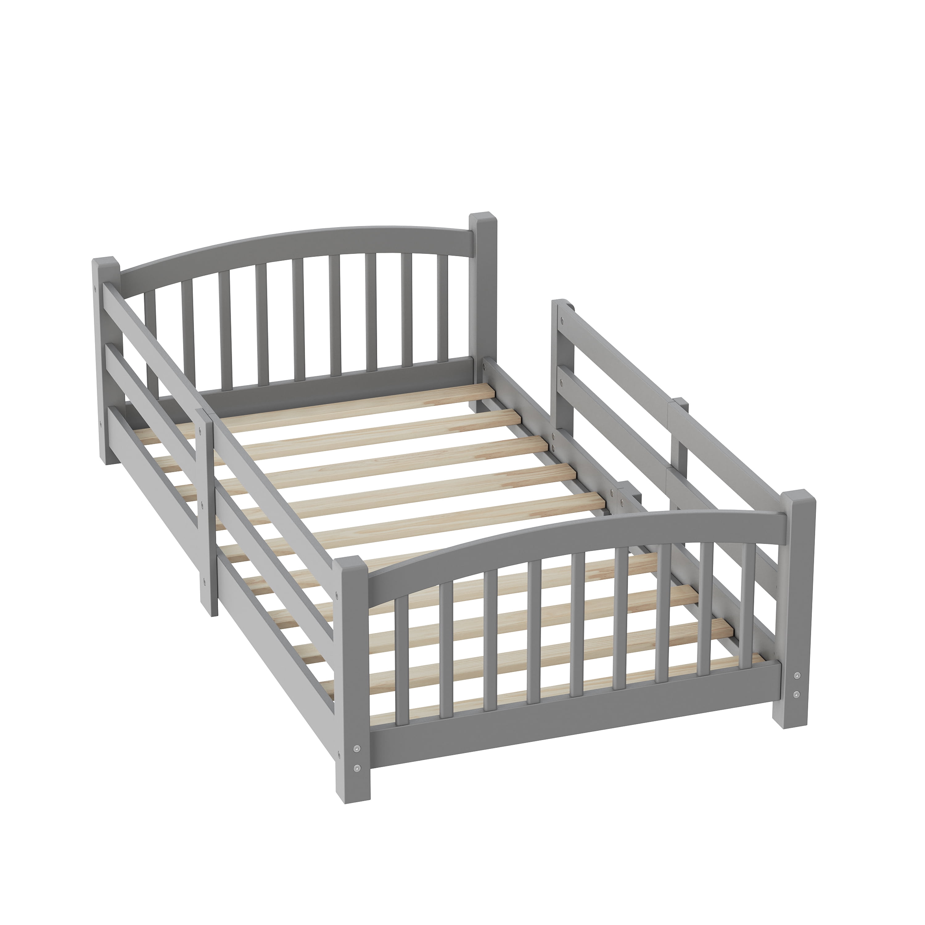 MODERNLUXE Twin Floor Bed with Slats and Safety Guardrails, Montessori Floor Bed with Fence and 1 Opening,Solid Wood Twin Size Bed Frame for Girls and Boys, Gray
