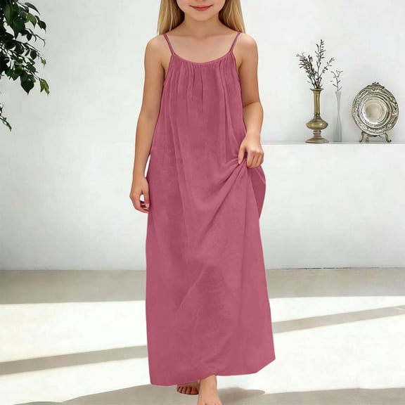Huowey Girls Youth Summer Long Dress Sleeveless Spaghetti Strap Scoop Neck Loose Fit Solid Colro Backless Casual Home Wear Lightweight Breathable Stylish Dresses For Toddler Kids,Brick Red,7-8 Years