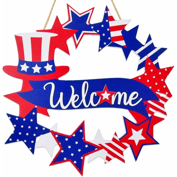 Gift Boutique Patriotic Welcome Star Wreath Door Hanging, Red White Blue 4th of July Americana Porch Decor, 11.8 in