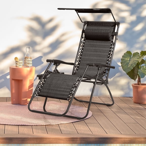 Vineego Patio Zero Gravity Chair Outdoor Folding Recliner Lounge Chair with Attachable Sunshade Canopy and Holder, Black