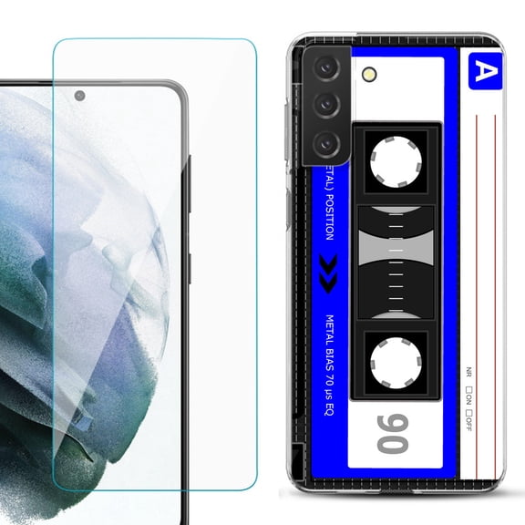 Slim-Fit TPU Fashion Phone Case for Samsung Galaxy S21 FE 5G Fan Edition, with Tempered Glass Screen Protector, by OneToughShield ® - Cassette Blue