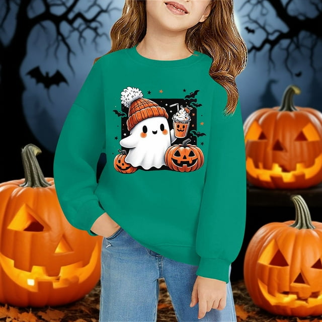 Chandail à Col Rond à Manches Longues pour Enfants, Décontracté et Tendance, Imprimé 2D d'Halloween, Vert