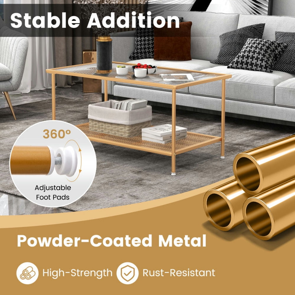 Finihen Coffee Table, Tempered Glass Coffee Table, 2-Tier Coffee Table with Shelf Center Tea Table with Tempered Glass Top, for Living Room, Reception Room, Golden Finihen Coffee Table, Tempered Glass Coffee Table, 2-Tier Coffee Table with Shelf Center Tea Table with Tempered Glass Top, for Living Room, Reception Room, Golden