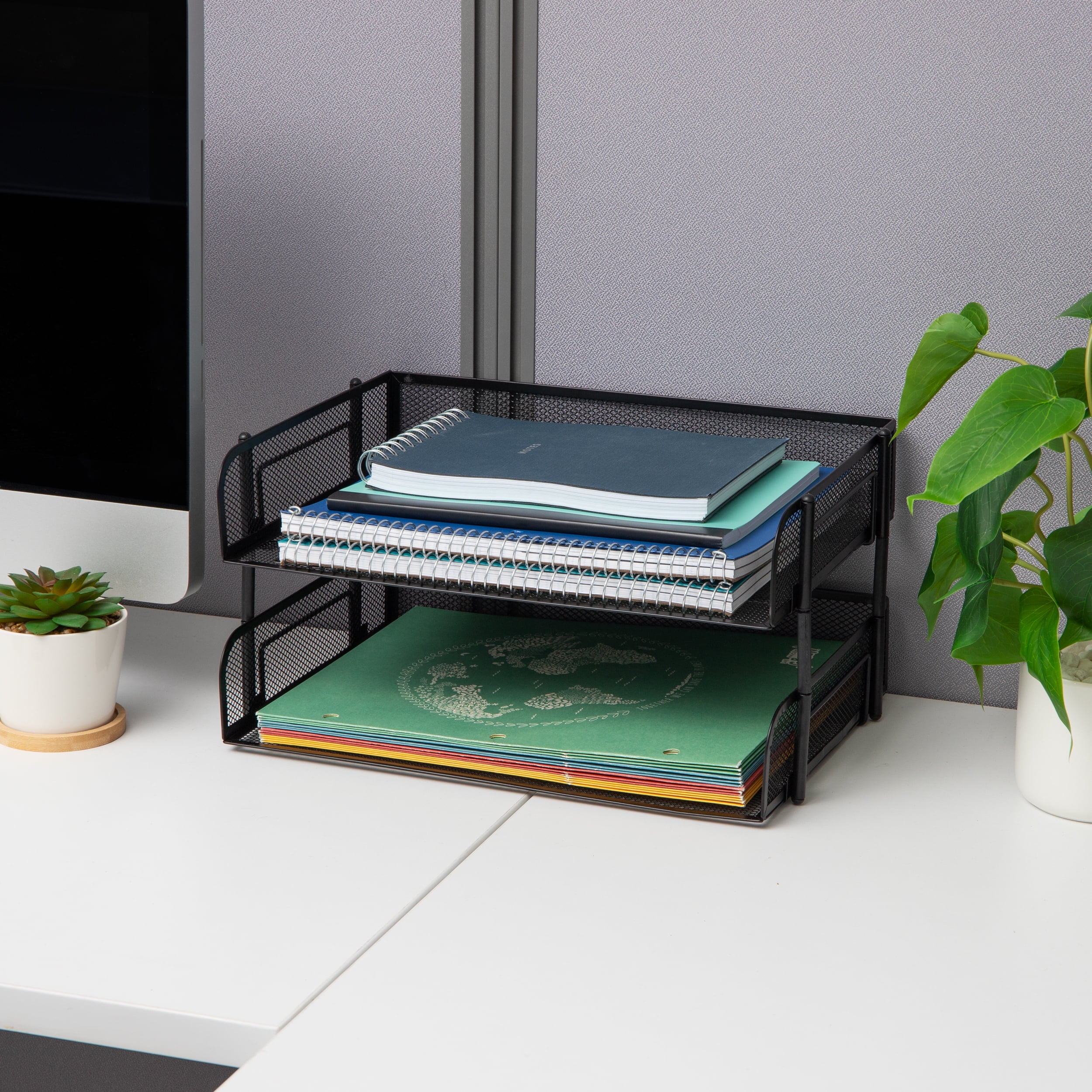 Mind Reader 2-Pack Stackable Metal Mesh File Holder Trays, Document Holder, Desktop File Organizer, Black