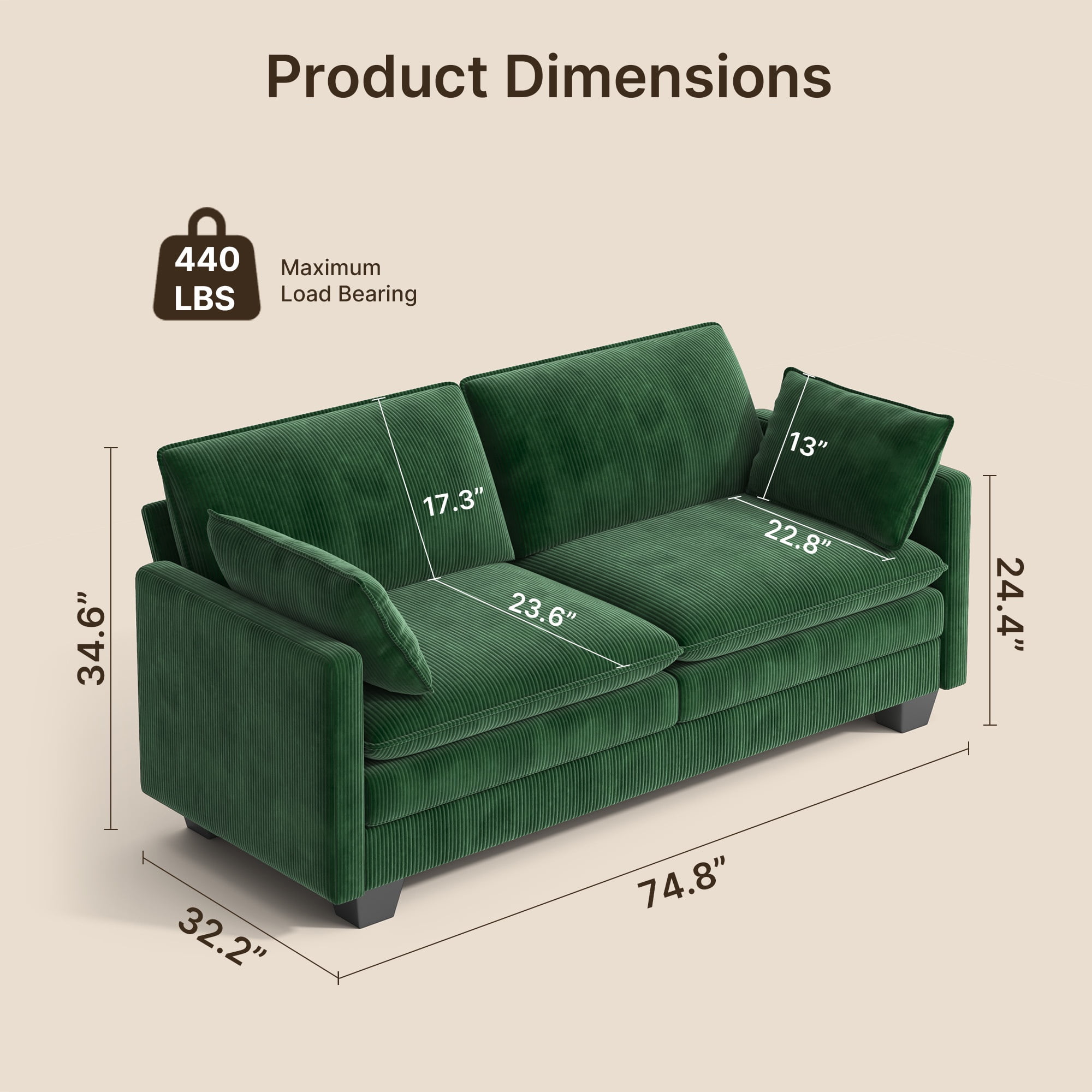 Loveseat Sofa Bed, 74'' 2-seat sofa with 2 Pillows and Double Layer Cushions for Living Room & Small Spaces, Green
