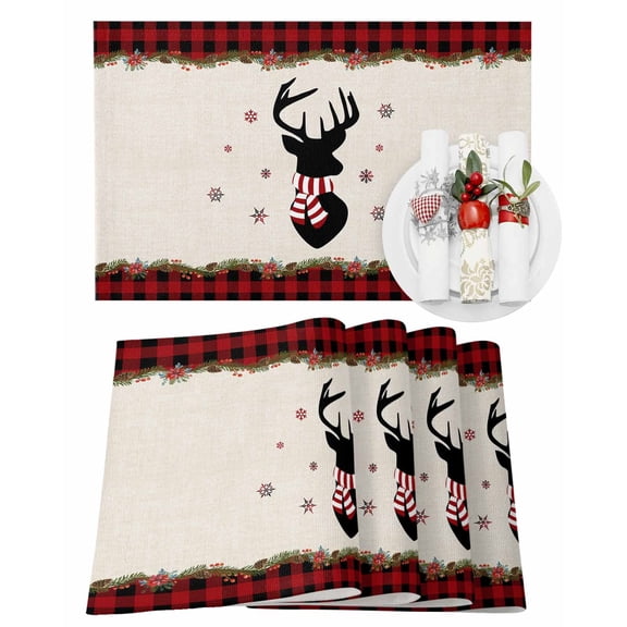 Merry Christmas Placemats Set of 8 Elk and Snowflakes Heat Insulation Washable Place Mats, Rustic Non-Slip Table Mats for Dining Table Party Kitchen Decor,13x19 Inch