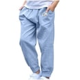thumbnail image 2 of Domuza Boys Casual Cotton Linen Pants Girls Straight Leg Elastic Waist Loose Pants Wide Leg Solid Lightweight Trousers with Pocket Light Blue 120, 2 of 7