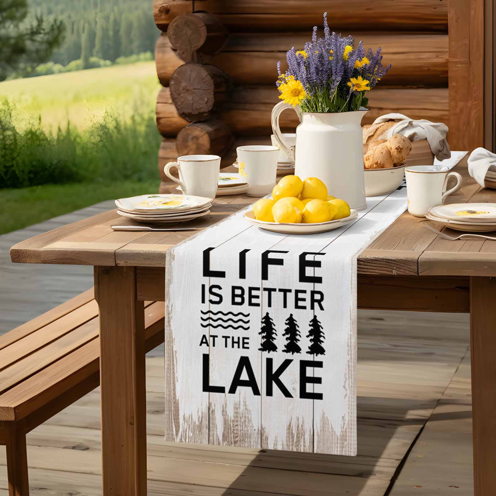 Summer Quotes Lake and Forest Table Runner 90 Inches Long, Farm Wooden Frain Table Runners Tabletop Scarf Kitchen Dining Tables Decoration for Home Party Indoor Outdoor