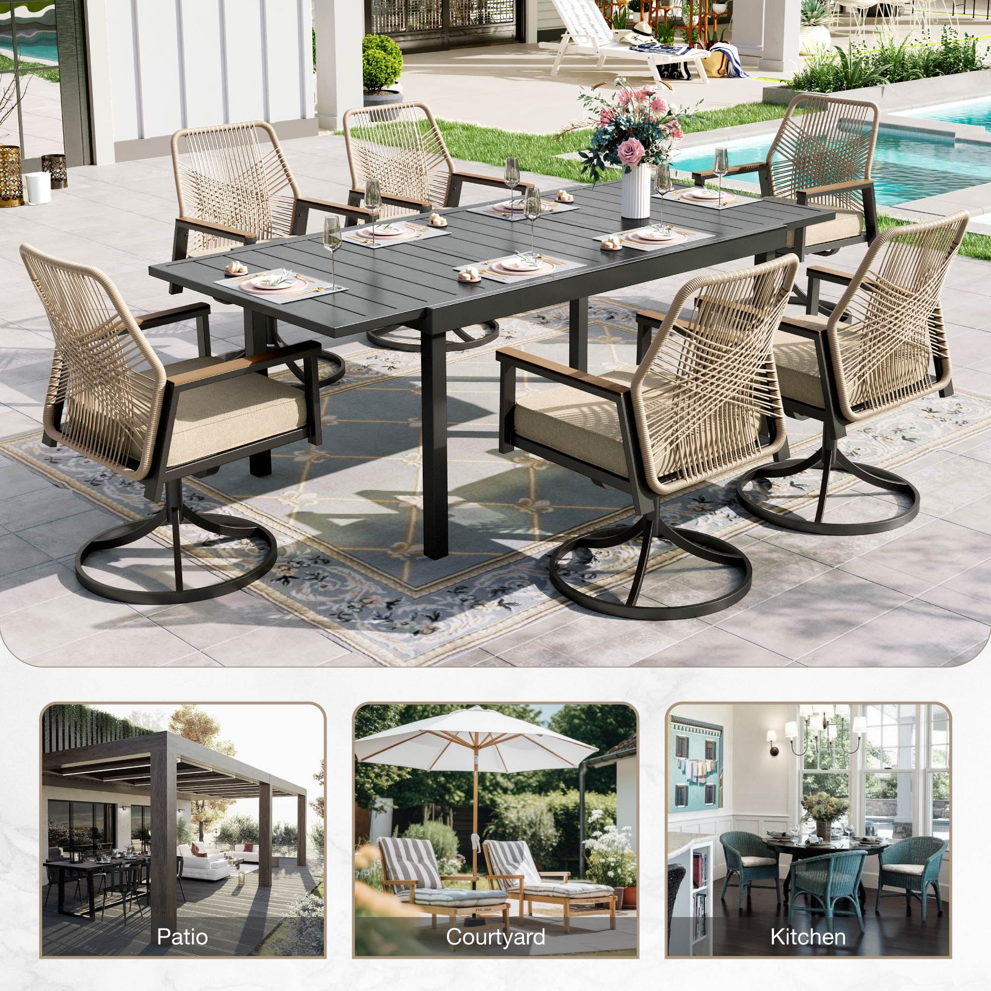 Sophia & William 2Pcs Outdoor Patio Dining Chairs Wicker Swivel Chairs with Metal Frame, Beige Cushion