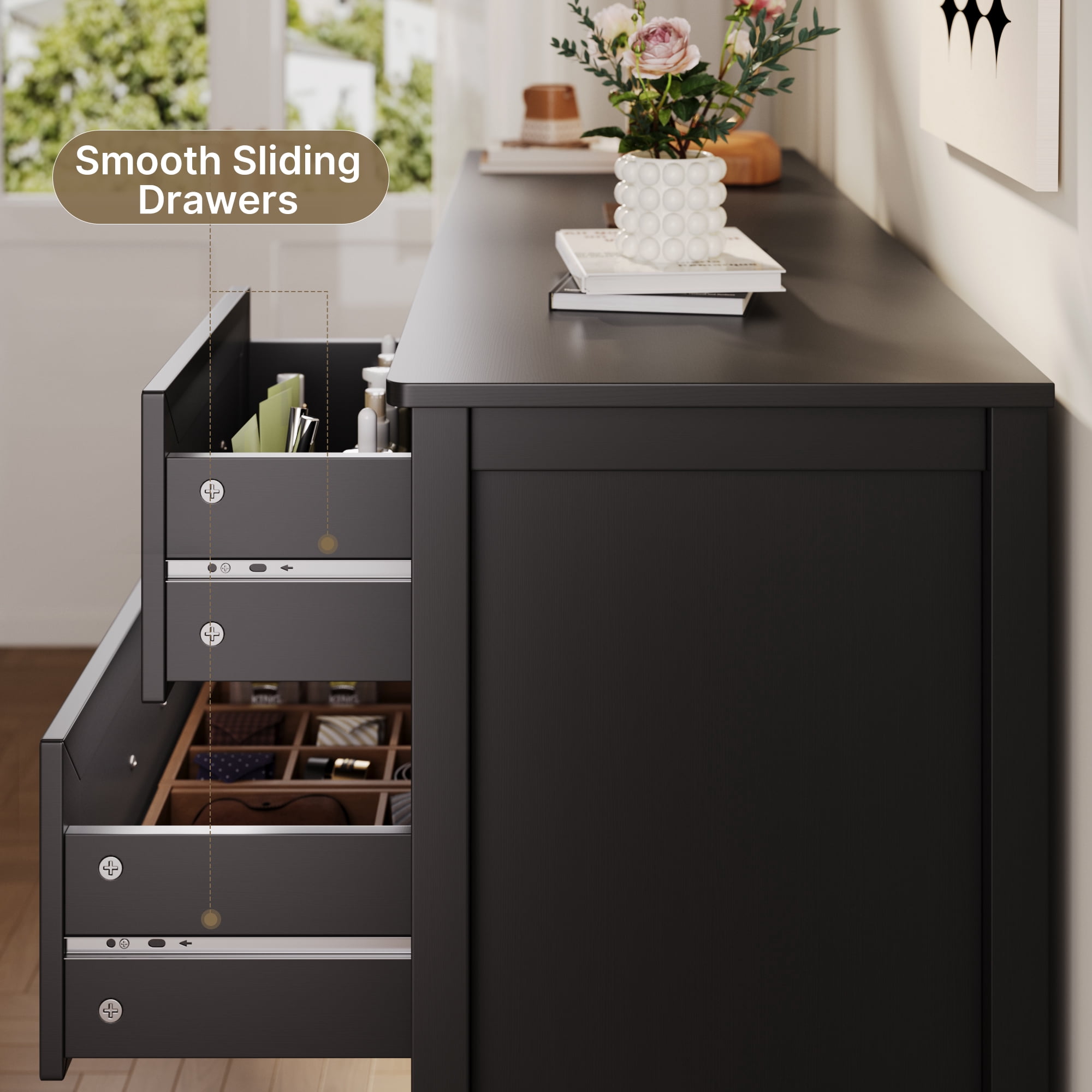 Aiho 7-Drawer Double Dresser - Modern Wood Chest with Anti-Tip Safety, Cutout Handles & Smooth Gliding Drawers, Black