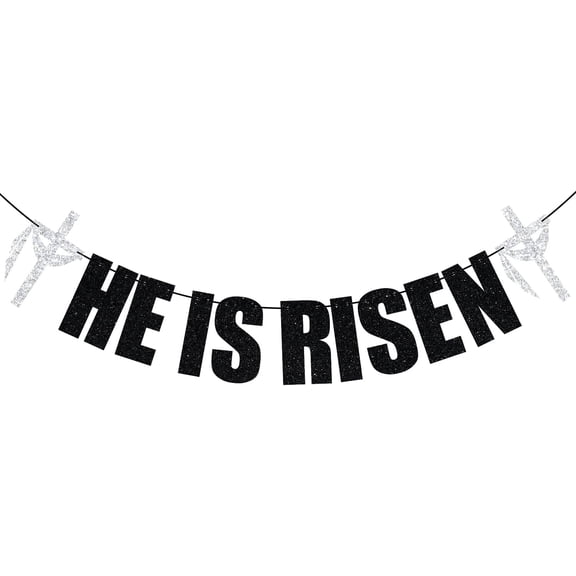 He is Risen Banner, Christian Jesus Banner, Happy Easter Party Decor, Jesus Cross Sign, Jesus Resurrection Decor, Religious Easter Decorations Black Glitter
