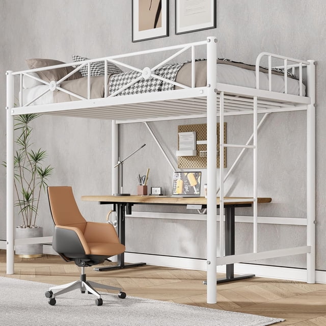 Lit Mezzanine en Métal Format Simple, Lits Mezzanines Modernes Robustes avec Garde-Corps de Sécurité et Conception Gain de Place, Mezzanine Simple en Acier Beds pour l'École, Chambre, Blanc