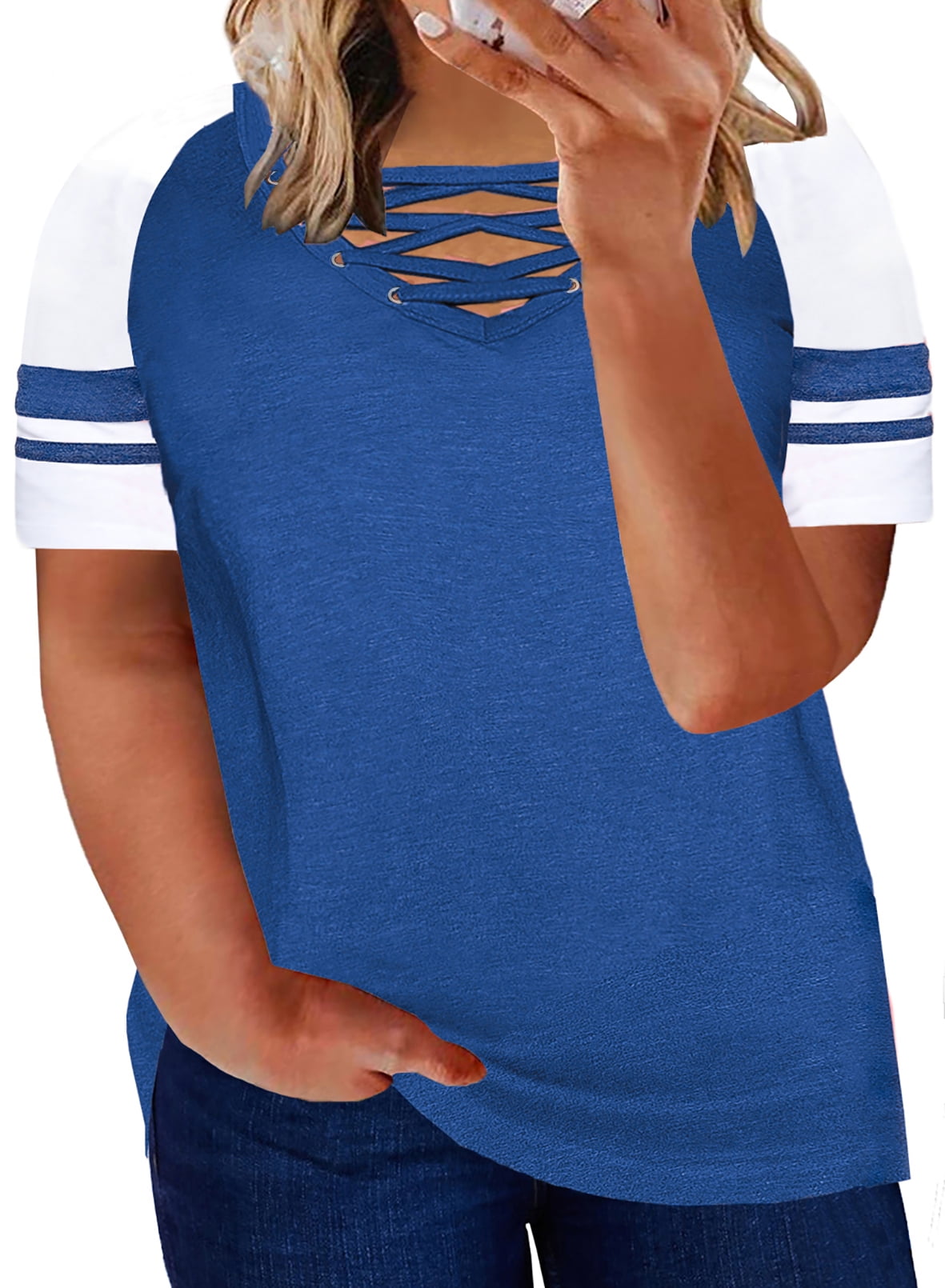 Aleumdr Women Blue V Neck Cross T Shirts Casual Stripe Short Sleeve ...