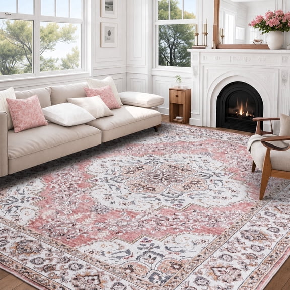 Wondiair 5'x7' Rose Pink Persian Floral Area Rug Carpet, Machine Washable Non-Slip for Living Room & Bedroom