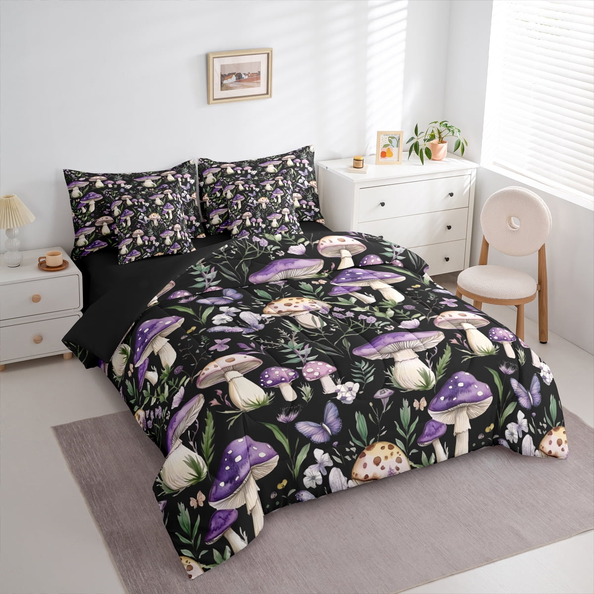 Homewish Rustic Mushroom 7pcs Bedding Comforter Set,Country Farmhouse Lodge Queen Bedding Sets,Purple Butterflies Queen Sheet Sets For Girl,Microfiber Bedroom Decor Reversible