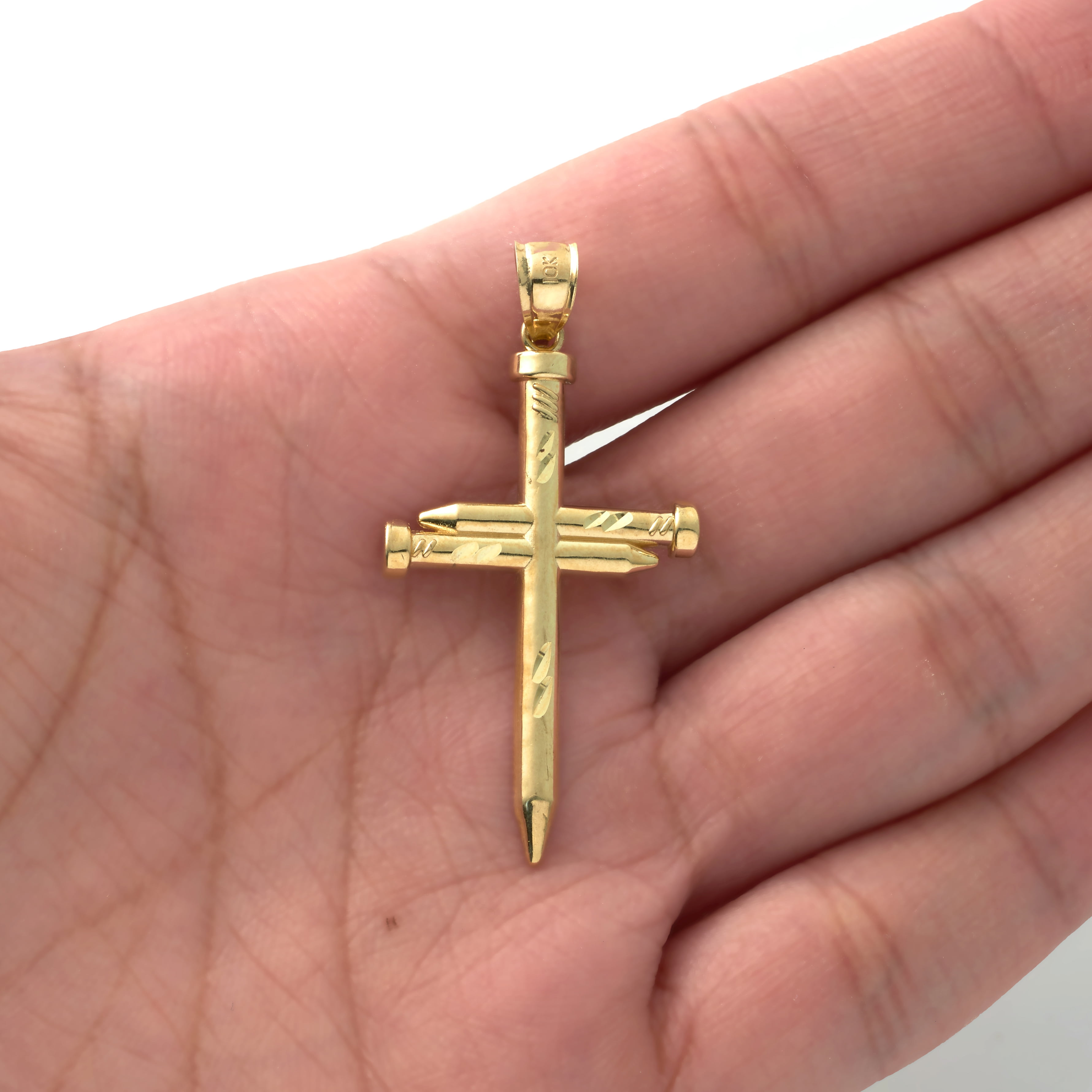 LOVEBLING 10K Yellow Gold Diamond Cut Triple Nail Cross Charm Pendant (Small: 1.83" x 0.88")