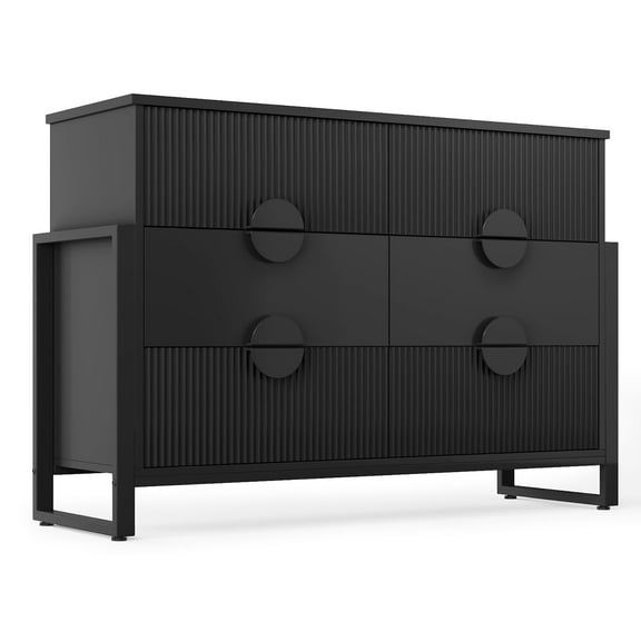 Black 6 Drawer Dresser for Bedroom, Modern Wide Chest Of Drawers Wood Storage Cabinet for Living Room