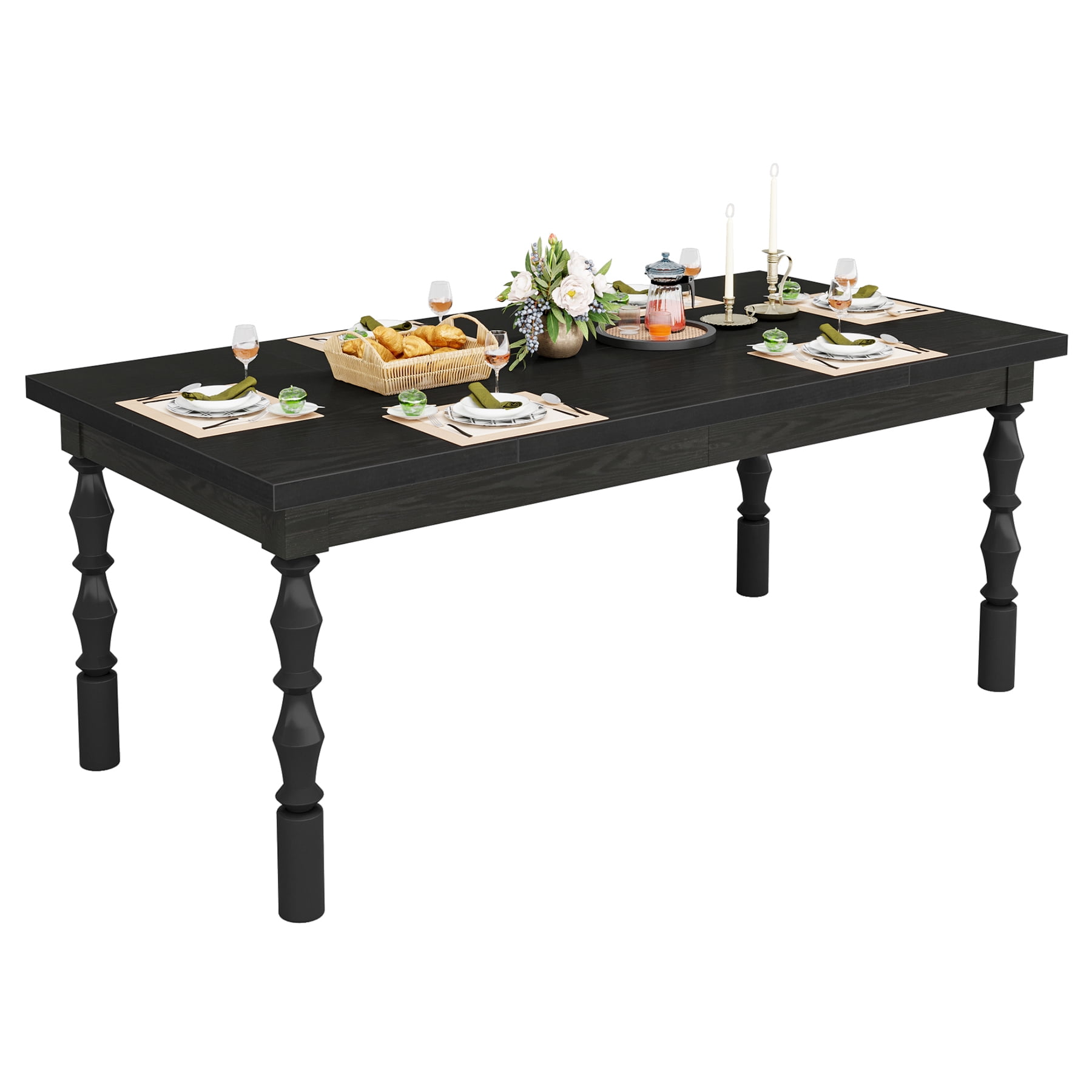 Fnova 62" Farmhouse Dining Table for 4-6 People, Large Wood Rectangle Kitchen Table Modern Dining Room Furniture with Carved Turned Legs