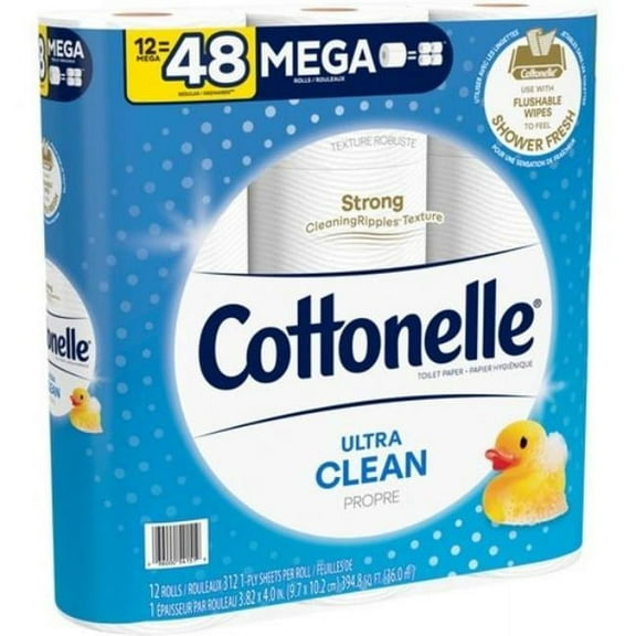 Cottonelle Ultra Clean Toilet Paper, 12 Mega Rolls, 312 Sheets per Roll