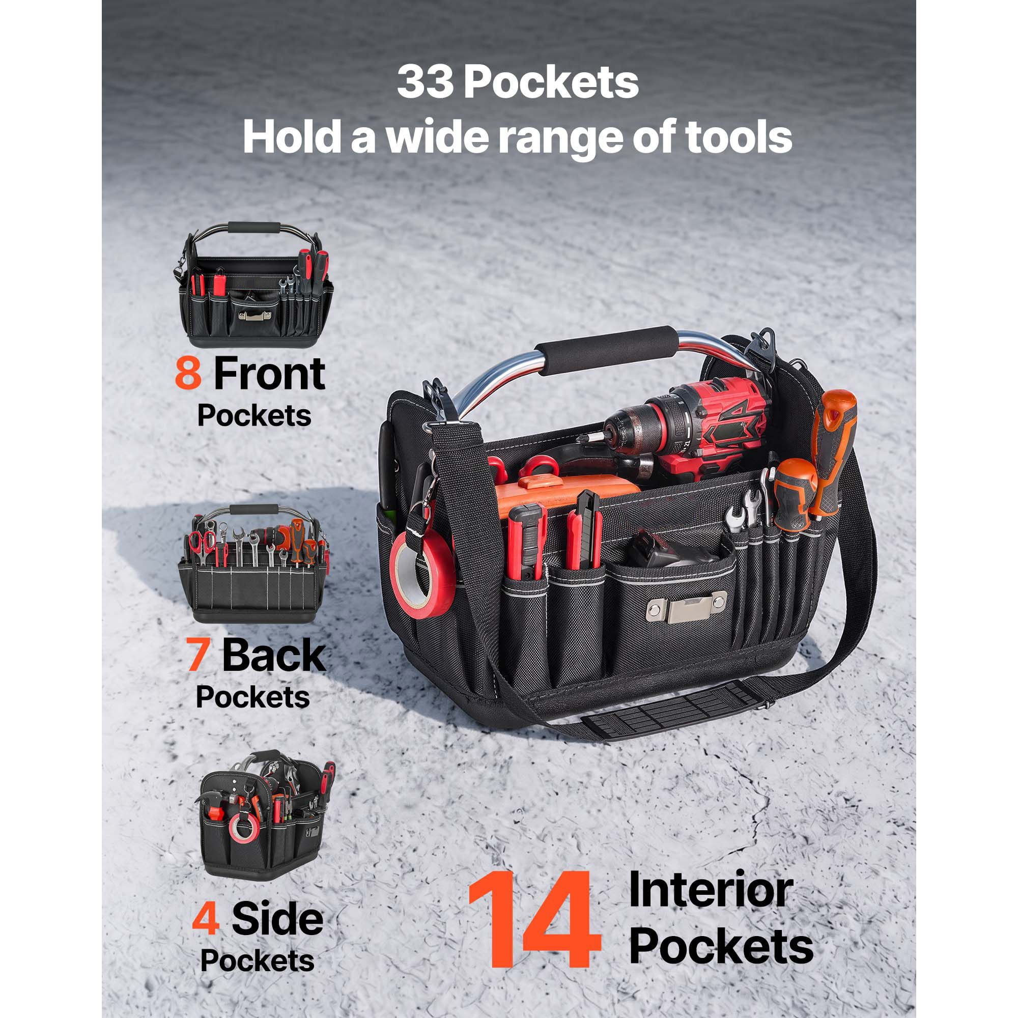Tool Bag, 13 Inch, 33-Pocket Open Top Tool Tote, Portable Electrical Maintenance Toolbox Organizer Storage with Hard Plastic Base, Adjustable Shoulder Strap, for Professionals DIY & Jobsite Use