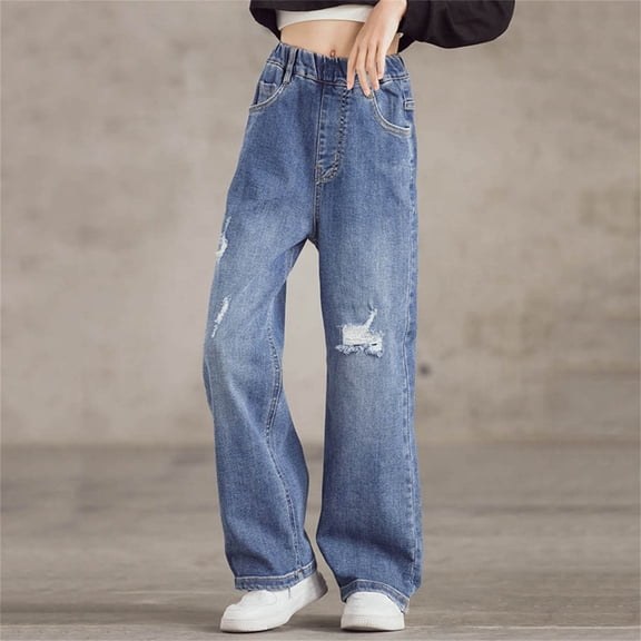 Babcutegg Girls' Spring Fall Straight-Leg Denim Pants Elastic Waist Loose Fit Wide-Leg Cotton Blend Jeans with Comfort Stretch and Slanted Pockets Blue Size 7-8