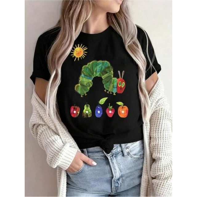 Women's Soft Blend Short Sleeve T-Shirt - Whimsical for CaTeRPiLLaR & Fruit Cartoon Print, Round Neck, Machine Washable, Lightweight & Breathable for Spring/Summer, everyday Tshirt | Playful