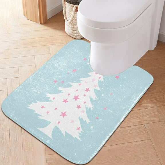 Toilet Rug U-Shaped Bathroom Rugs Non-Slip Soft Plush Machine Washable Contour Bath Mat Christmas Tree and Pink Star 24x20