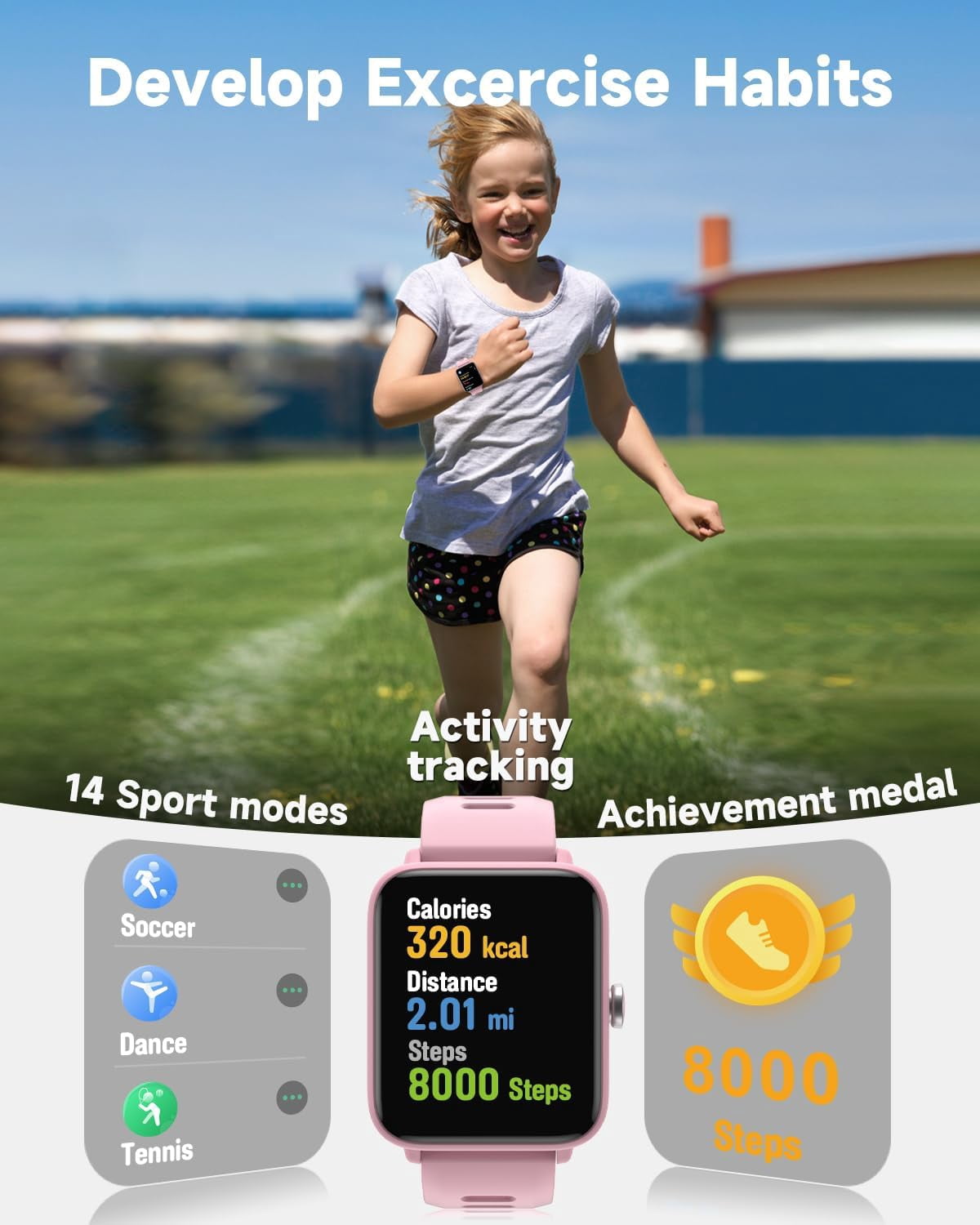 BIGGERFIVE Kids Smart Watch, 1.5''HD Touchscreen Fitness Tracker for Girls Boys, 5ATM Waterproof, Black