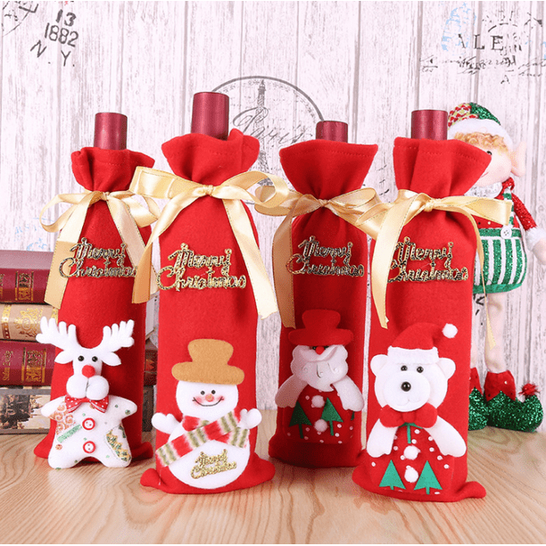 4 piezas de tapas de botellas de vino navideñas y bolsas de vino tinto para botellas de vino reutilizables y bolsas de regalo de vino para decoración de mesa de cena familiar