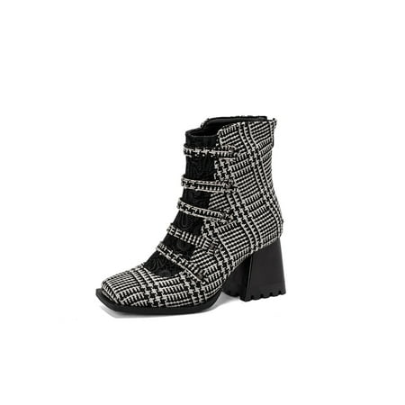 

Lacyhop Womens Office Casual Dress Boot Fashion Square Toe Ankle Boots Comfort Mid Heel Booties Plaid 6.5