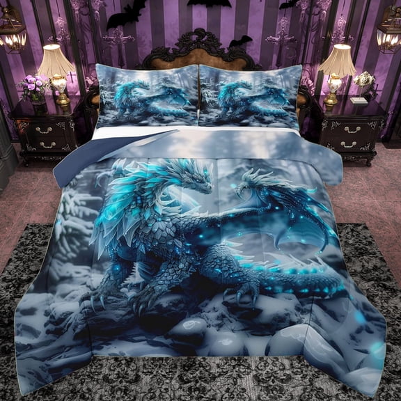 Manfei 3D Blue Dragon Bedding Comforter Set for Kids, Magic Glitter Animal Twin Comforter Sets, Winter Jungle Tree Reversible Bedding Set, Luxury Bedroom Decor, 2pcs