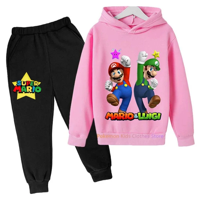 Sudadera con capucha de Super Mario Bros para niños y niñas, conjunto de Sudadera con capucha de dibujos animados para bebés, ropa con capucha de Anime, Jersey de manga larga y pantalones