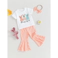thumbnail image 3 of Suealasg Kids Girl 3Pcs Easter Outfits Short Sleeve Crew Neck Rabbit Letters Print T-shirt Top Striped Print Flare Pants Headband 0-4 Years Toddler Baby Girl Summer Clothes, 3 of 9