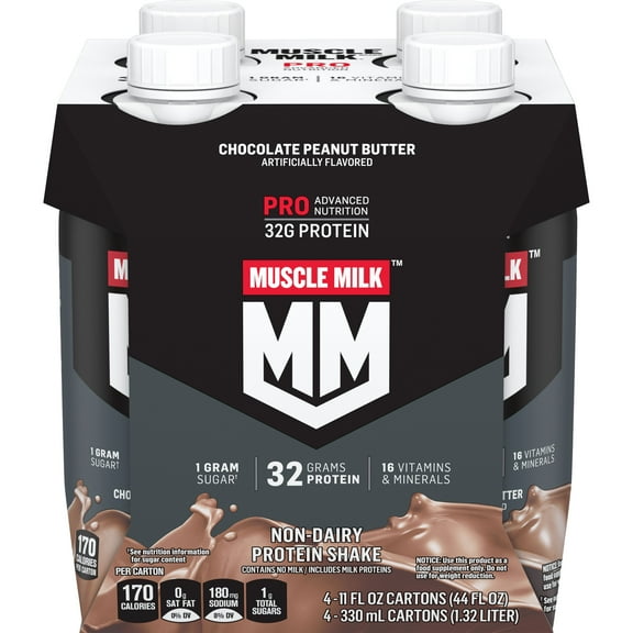 Muscle Milk Pro Advanced Nutrition Protein Shake, Chocolate Peanut Butter, 11 Fl Oz Carton, 4 Pack, 32g Protein, 1g Sugar