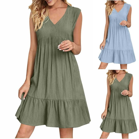 Eiyaclvo Sundresses for Women Sleeveless V Neck Loose Fit Mini Dress Summer Pleated Ruffle Flowy Beach Tank Dresses