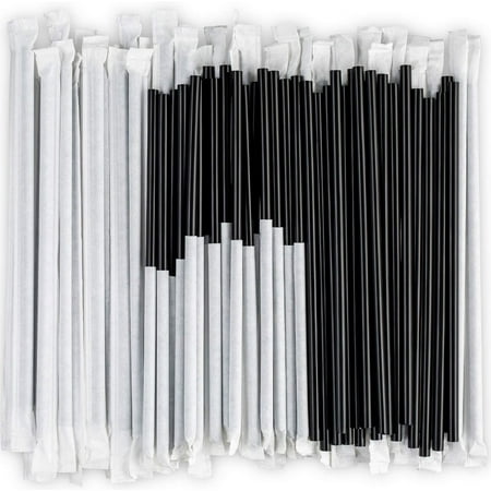 KCSD Black Plastic Straws Individually Wrapped 1000 Pack - 8 inch