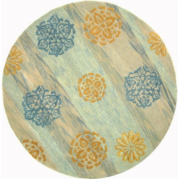 Wool Rug in Blue with Multi-Color Flowers (5 ft. 9 in. Round)