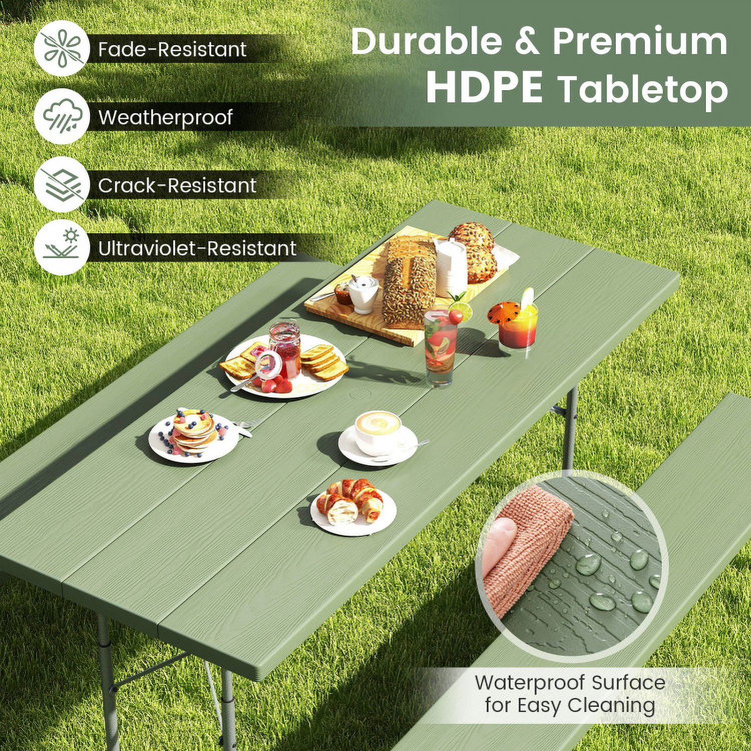Aimee Lii Folding Picnic Table Set with Metal Frame and All-Weather HDPE Tabletop Umbrella Hole, Outdoor Patio Furniture, Green